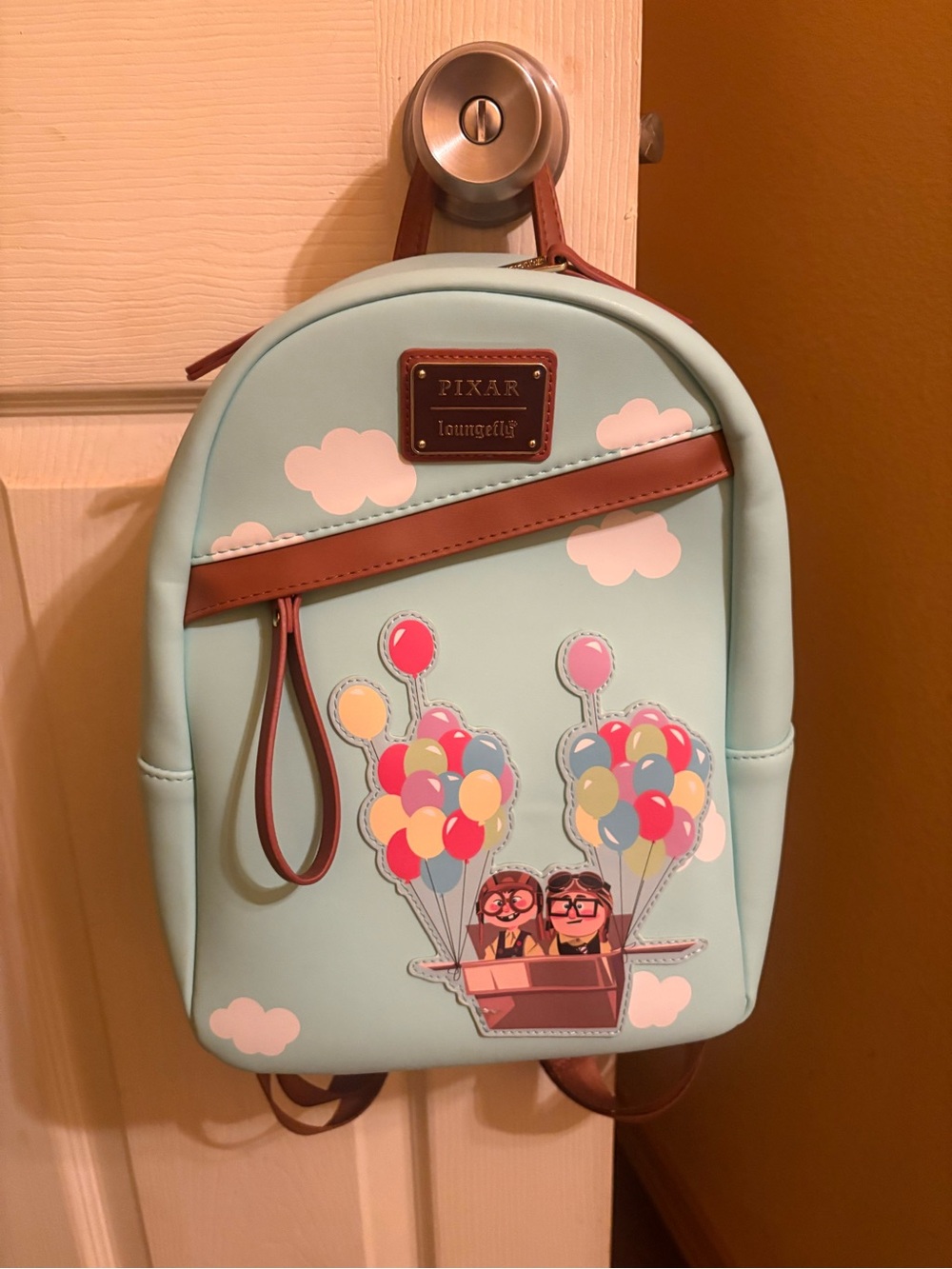 Loungefly Kids Light Blue Pixar Up Balloon Mini Backpack with Brown Trim